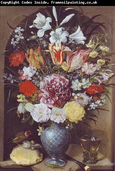Georg Flegel Blumen, Romer und Stieglitz auf Weissbrotwecken in einer Nische